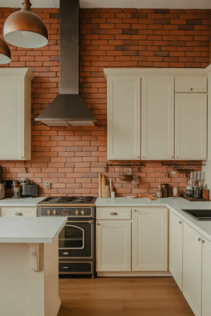 kitchen with full exposed warm terracotta brick wall behind range and range hood