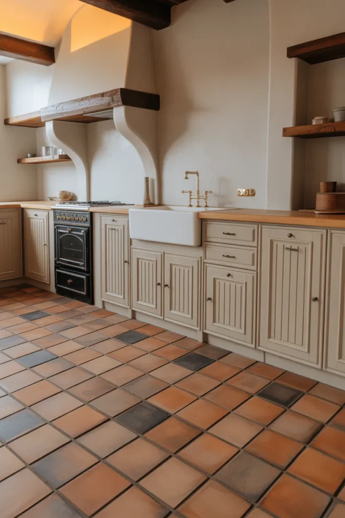kitchen with handmade terracotta square floor tiles laid on diagonal