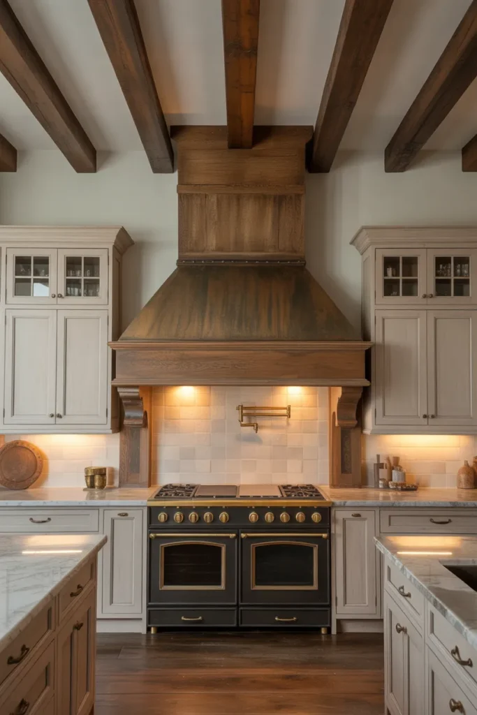 kitchen with large custom raw oak floating range hood as central focal point