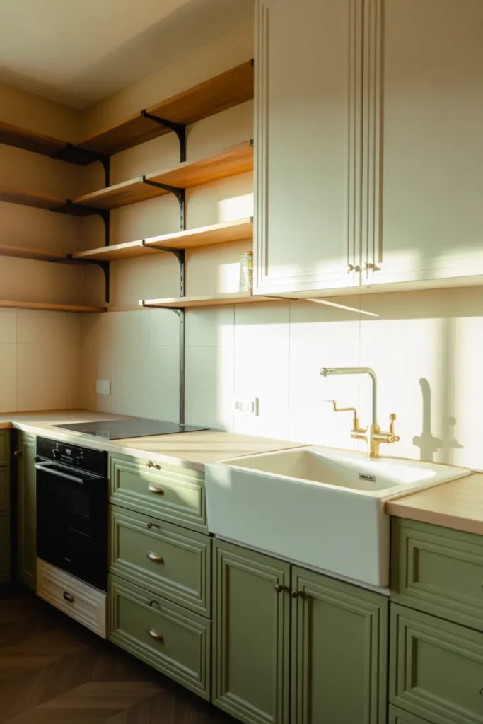 kitchen with muted sage green lower cabinets