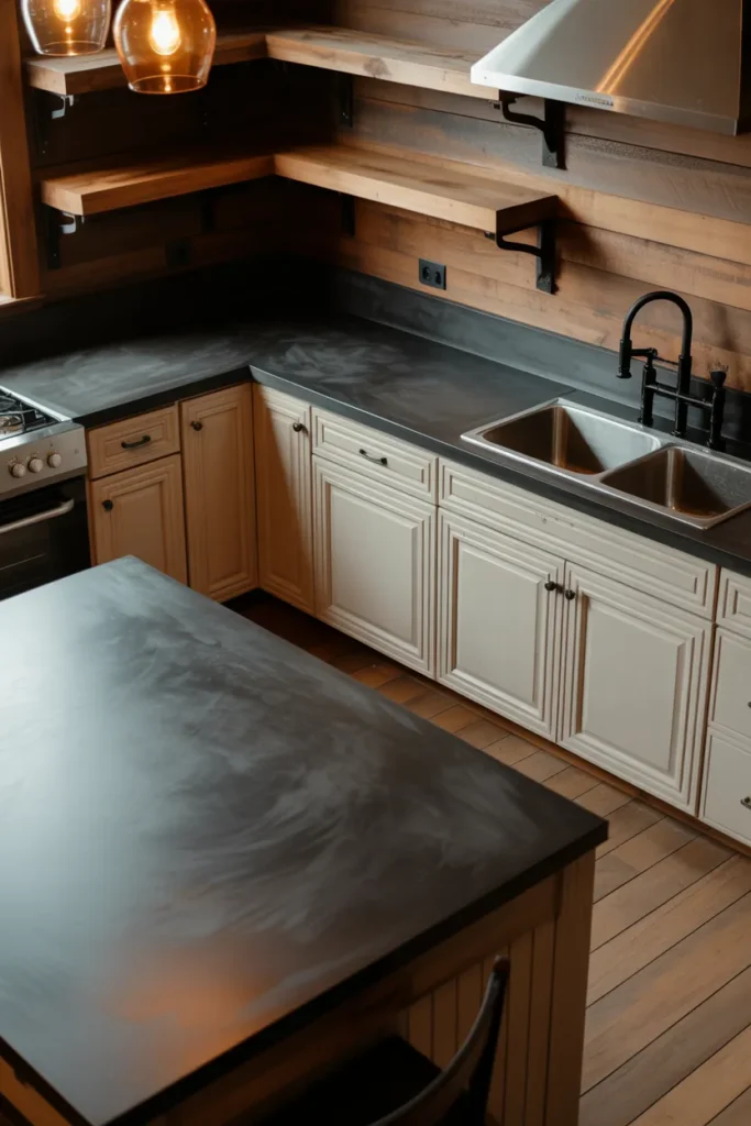 kitchen with warm charcoal poured concrete countertops on L-shaped layout