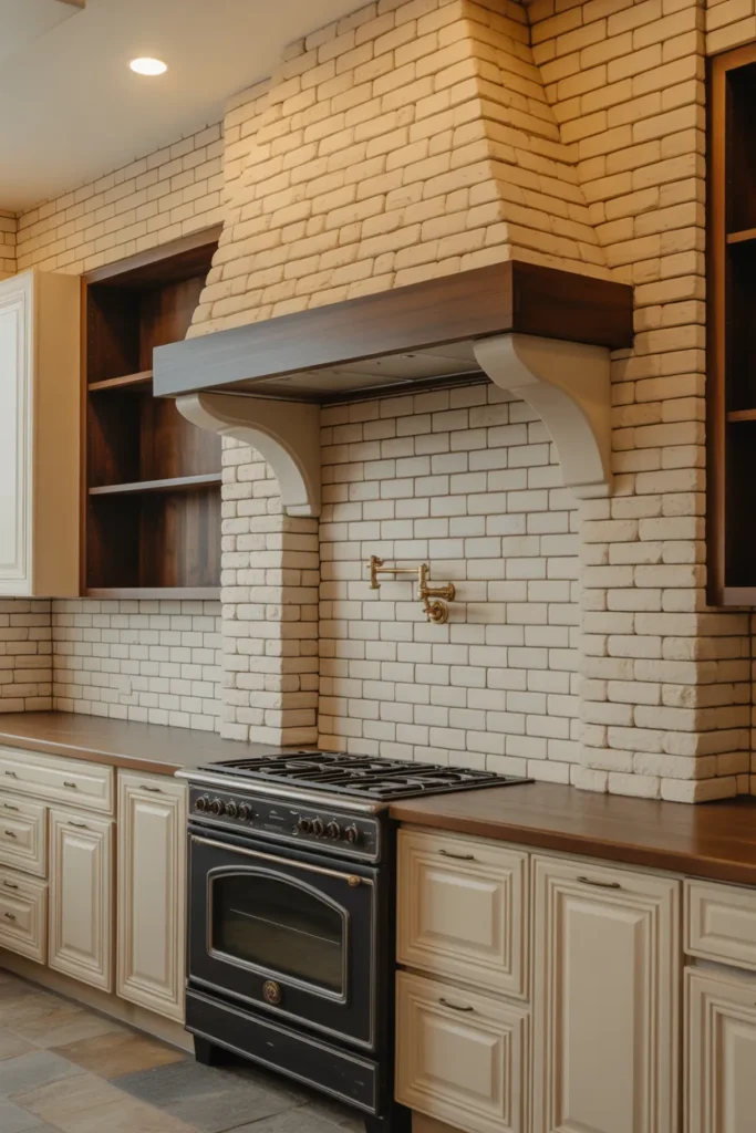 kitchen with warm ivory travertine stacked ledger stone backsplash behind range and hood