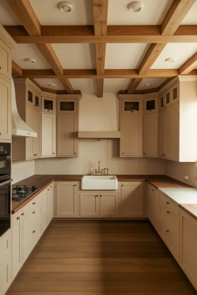large U-shape kitchen layout with cream shaker cabinetry on three walls