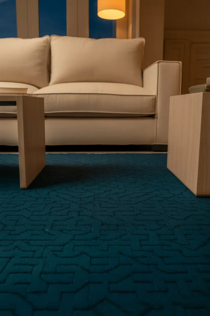 large deep teal geometric patterned rug