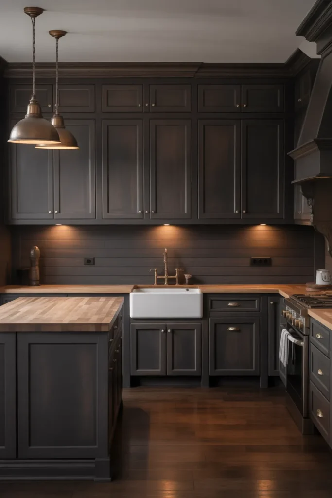 large farmhouse kitchen with matte black shaker cabinets upper and lower, butcher block wood island countertop