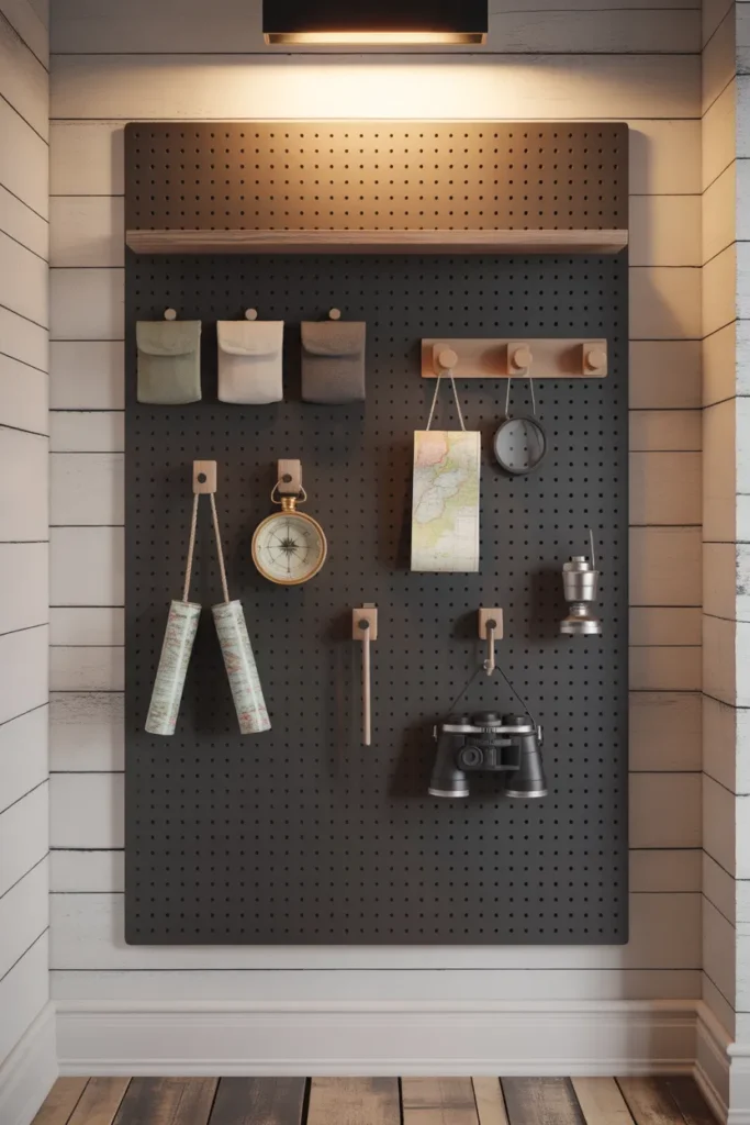 large matte black painted pegboard panel mounted on a white shiplap wall