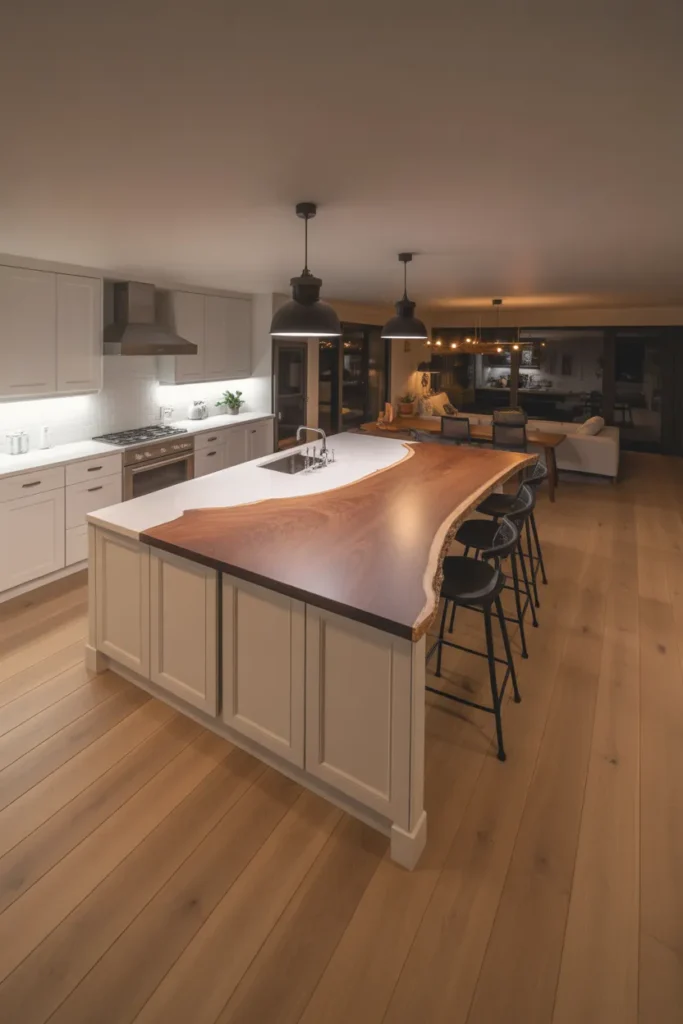 large open-plan kitchen with matte white cabinet island base topped with live-edge walnut slab countertop