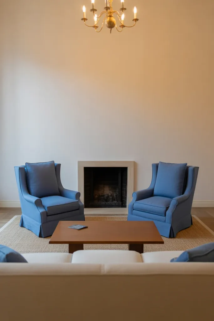 two matching navy blue linen armchairs