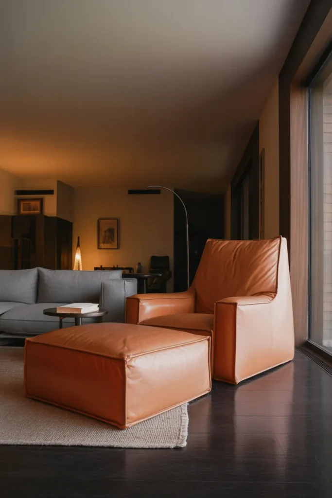 large oversized lounge chair in warm terracotta leather
