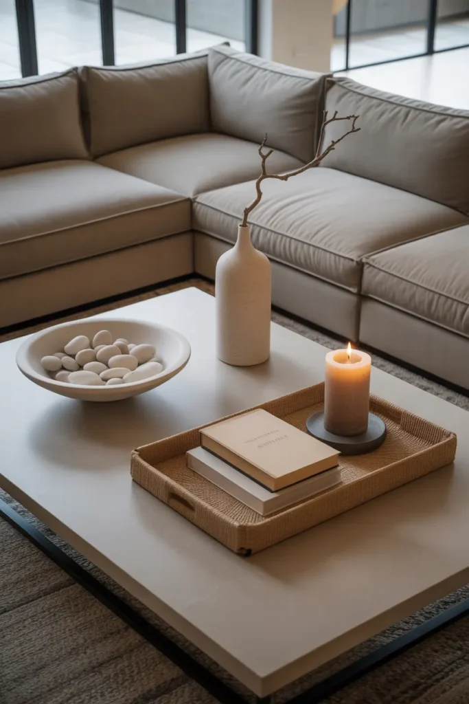 large rectangular light grey stone coffee table