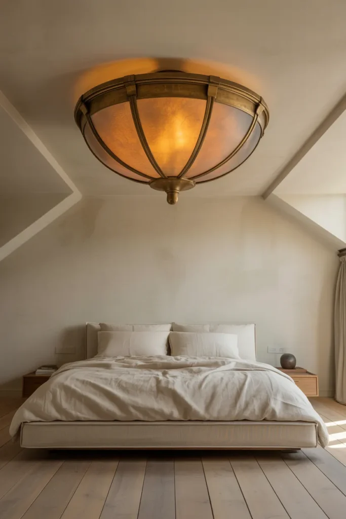 large sculptural aged brass lantern-style semi-flush ceiling fixture