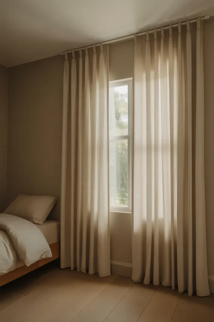 large window with ceiling-height curtain rod