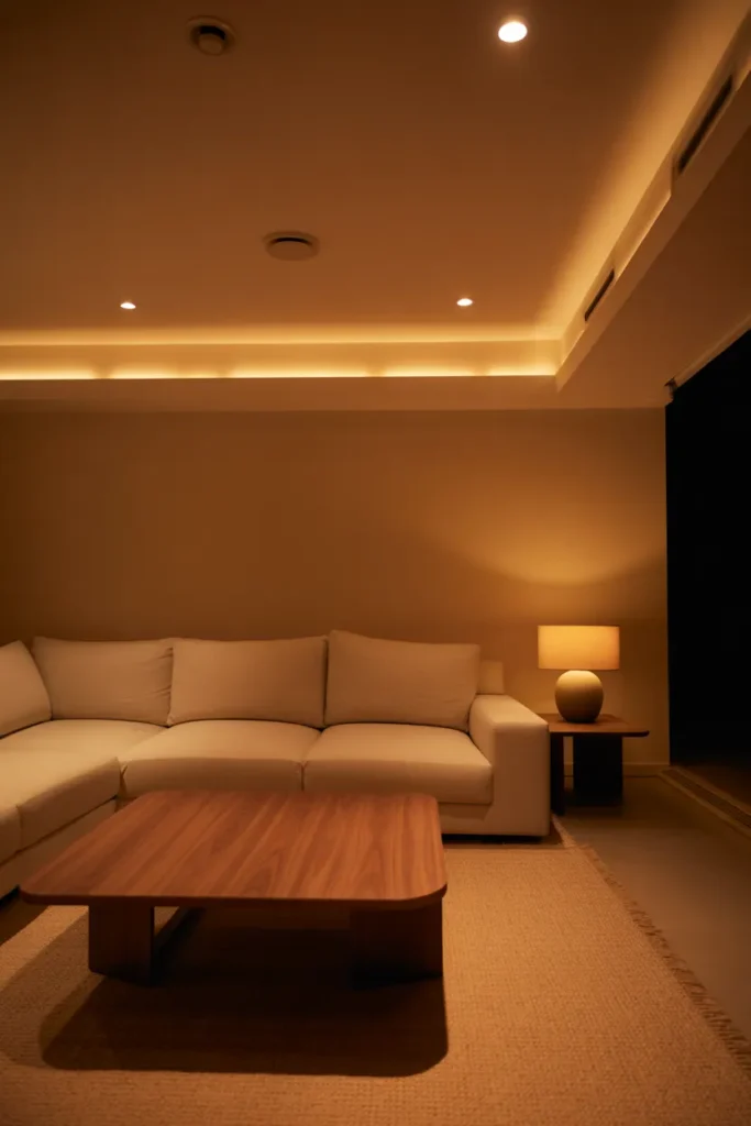 layered warm lighting from recessed downlights