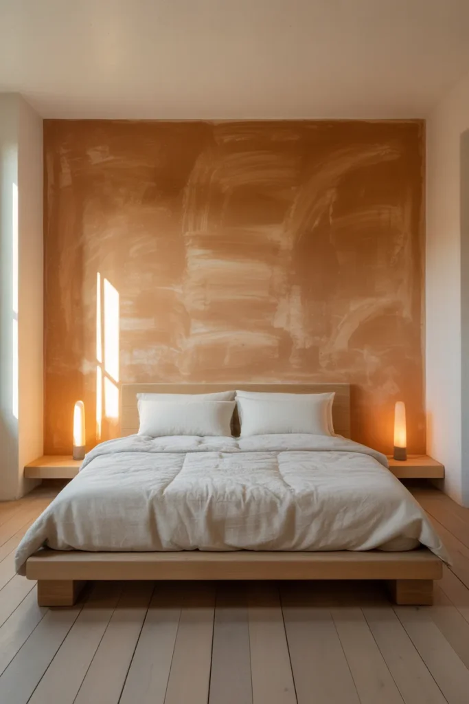 limewash accent wall in warm clay terracotta tone directly behind a king bed