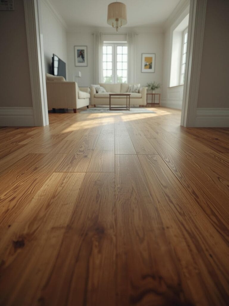 living room with wide-plank natural oak engineered hardwood flooring throughout