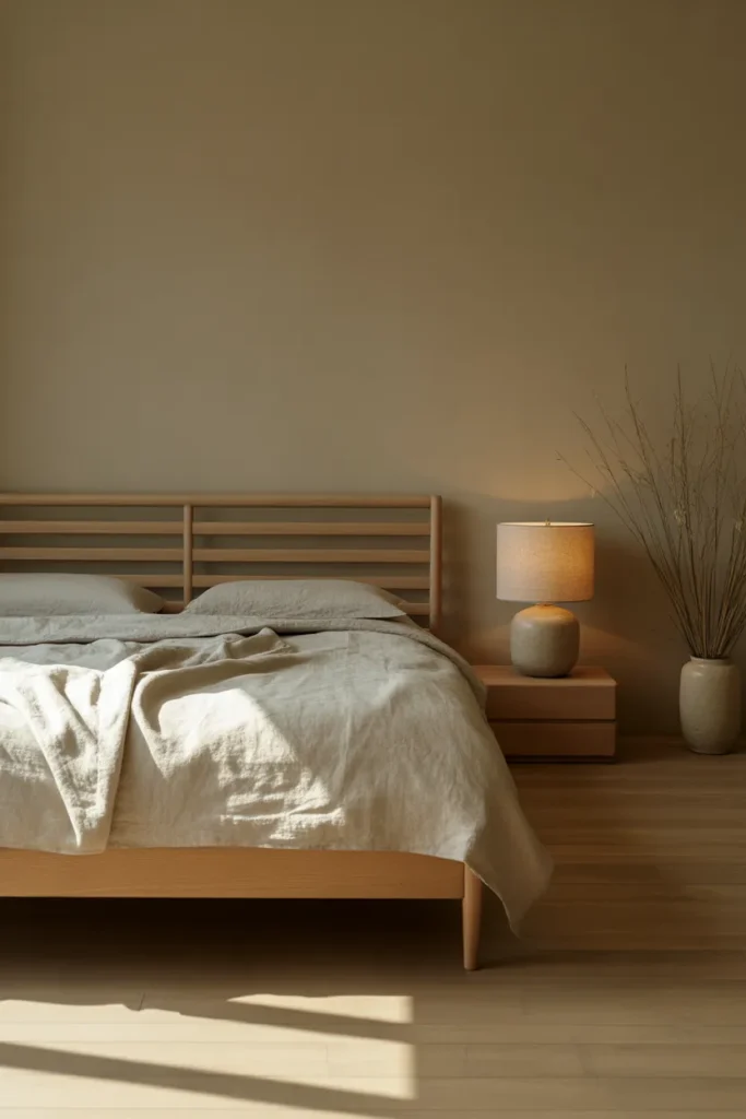 low ash wood platform bed with simple slatted headboard