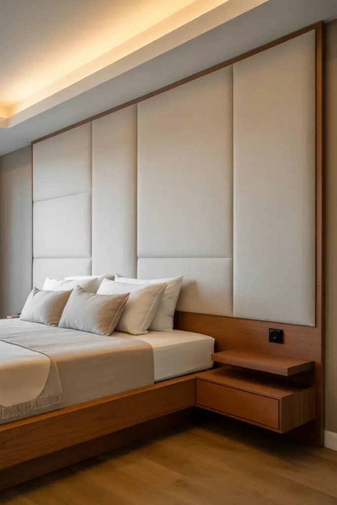low oak platform bed with linen ivory full-wall panel headboard