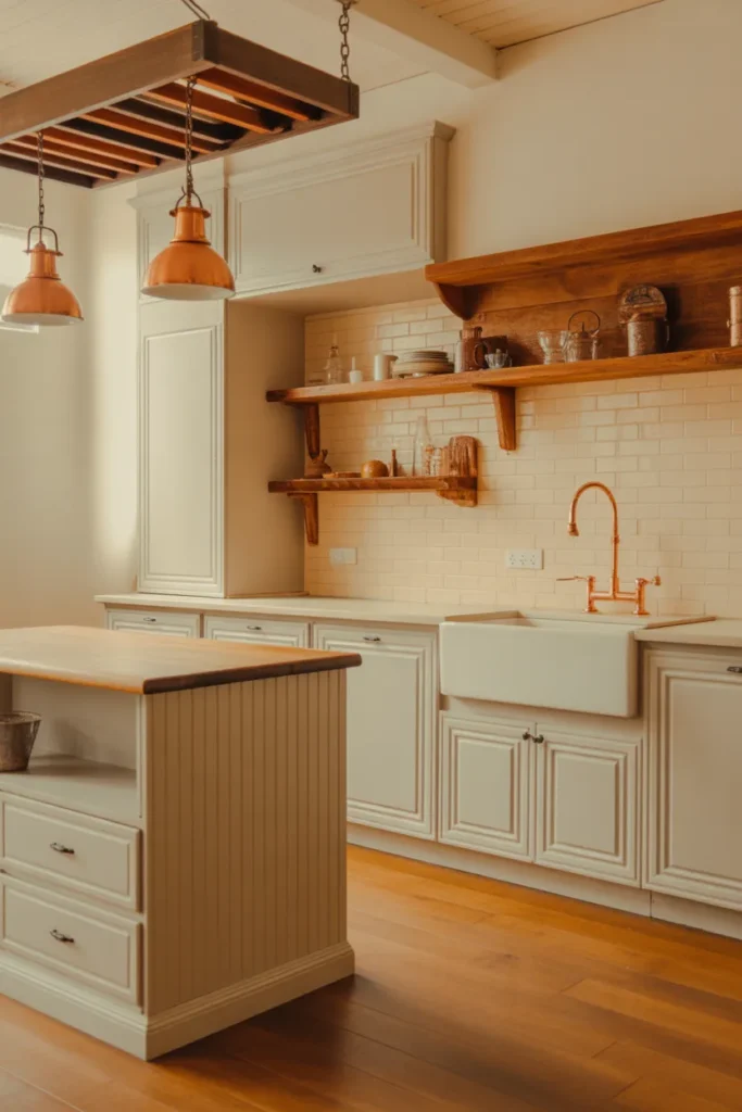medium kitchen with warm white painted cabinets