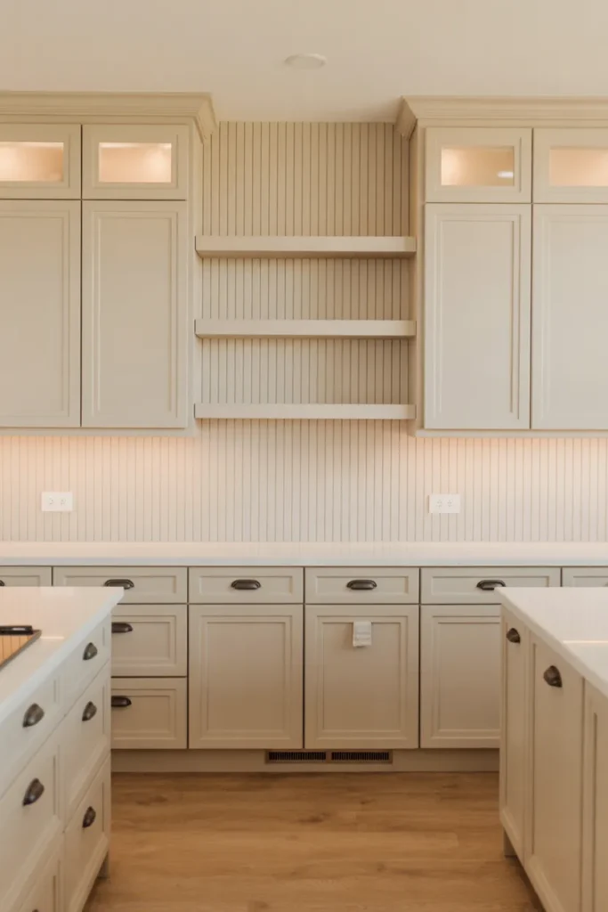 medium-sized kitchen with one vertical white shiplap accent wall behind floating shelves