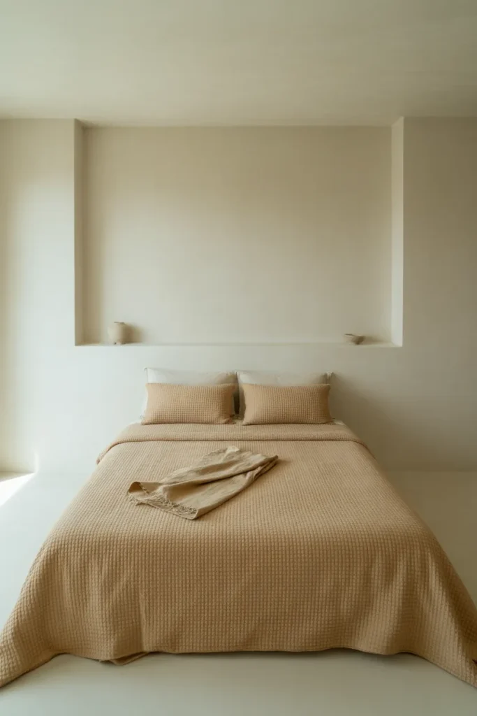 minimal small bedroom with a queen bed centered on the main wall