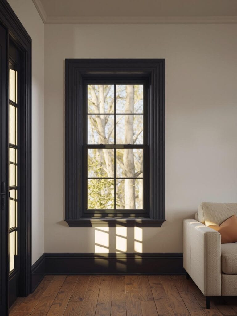 modern living room with deep charcoal painted window trim