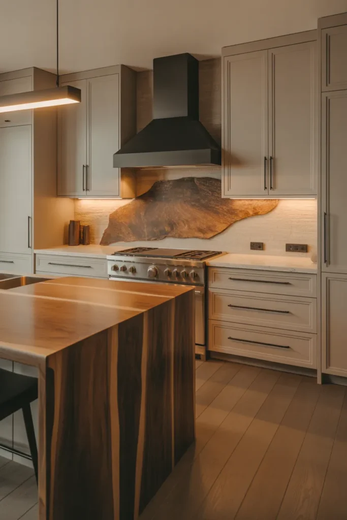 modern rustic kitchen with flat-panel warm white cabinets