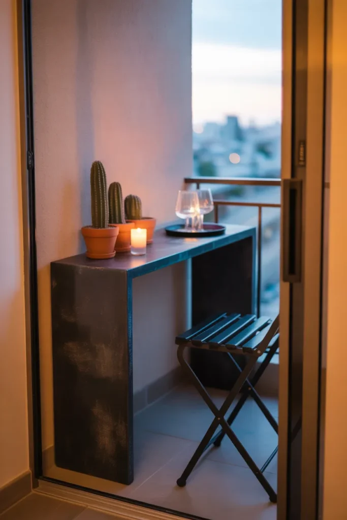 narrow balcony with a slim black powder-coated steel console table