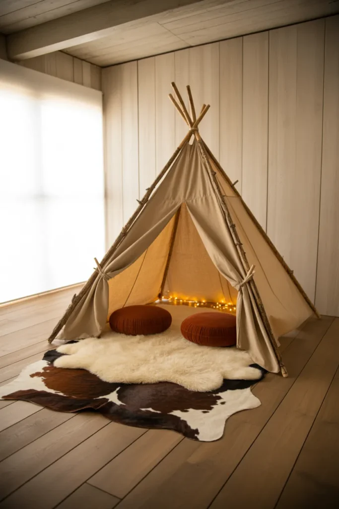 natural canvas teepee with raw wood poles in the far right corner