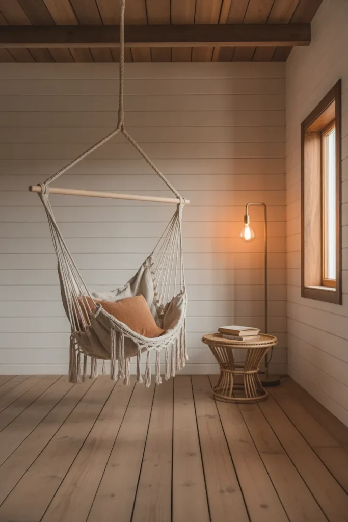 natural cotton macrame hammock chair in off-white and sand tones hanging