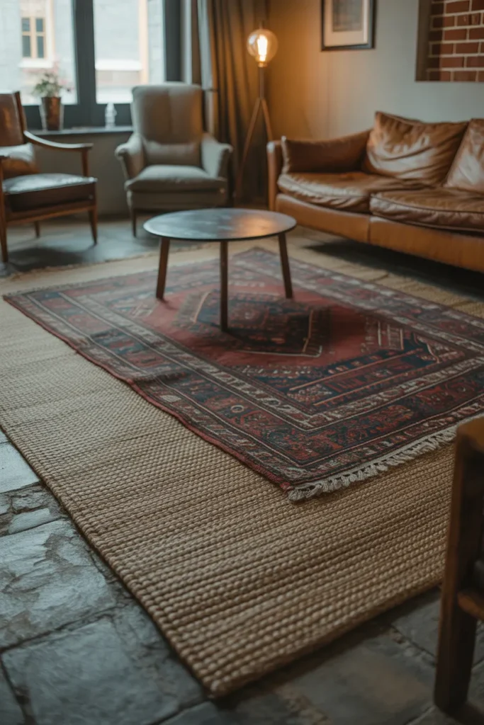 natural sisal base rug and a smaller vintage Persian-style rug