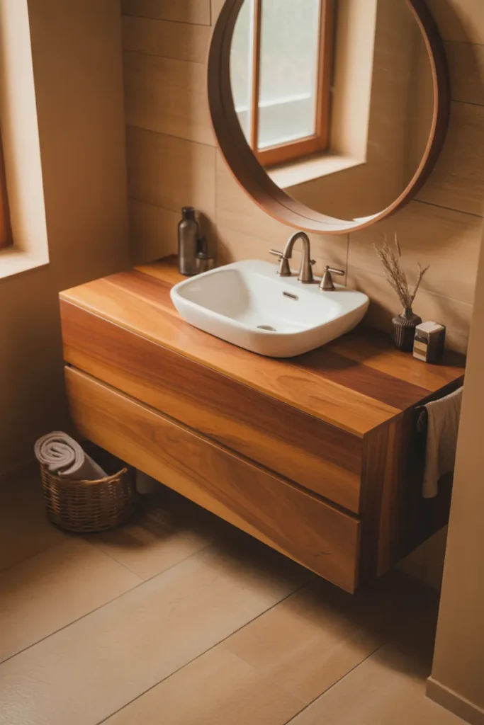 nature-inspired bathroom with a solid teak wall-mounted