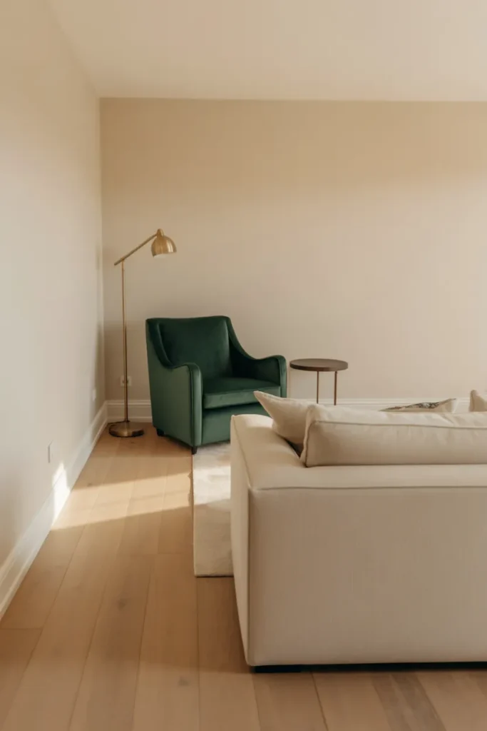 neutral living room with a cream linen sofa