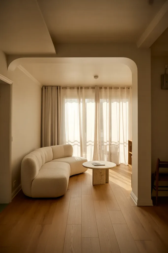 a tiny living room with a low-profile cream bouclé sofa sitting close to the floor