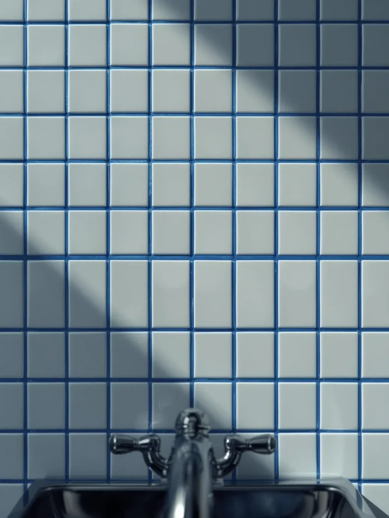 of white square bathroom tiles with vivid cobalt blue grout lines
