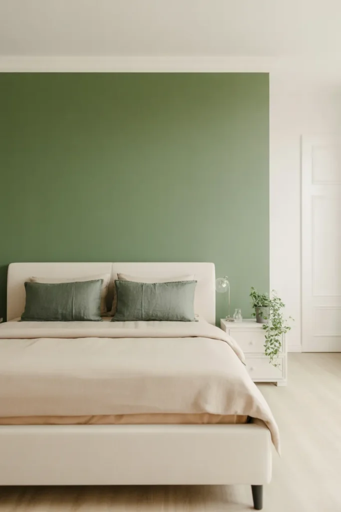 one sage green painted wall behind bed