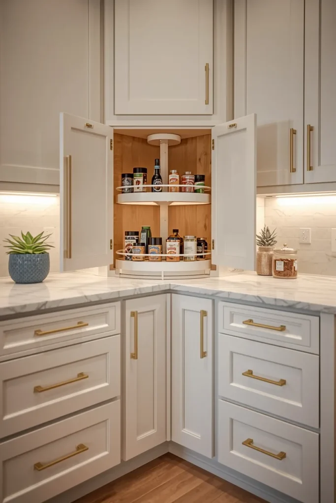 open corner base cabinet with a white two-tier lazy Susan rotating shelf system