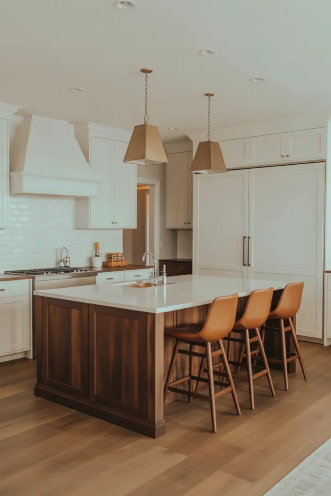 open farmhouse kitchen with large dark walnut-stained shaker island base