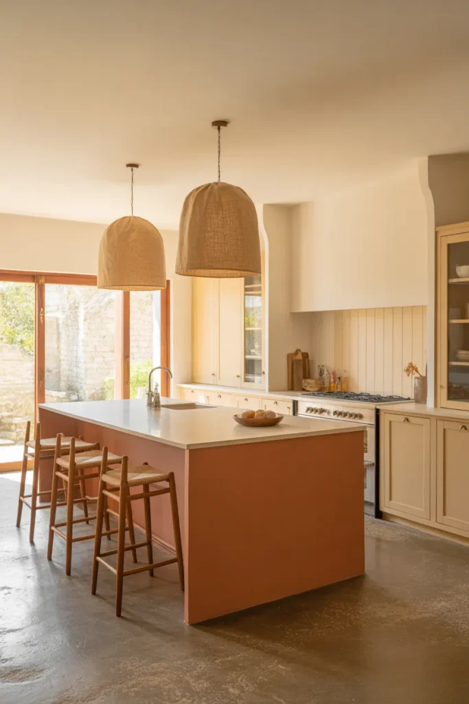 open-plan kitchen with a large terracotta-painted island