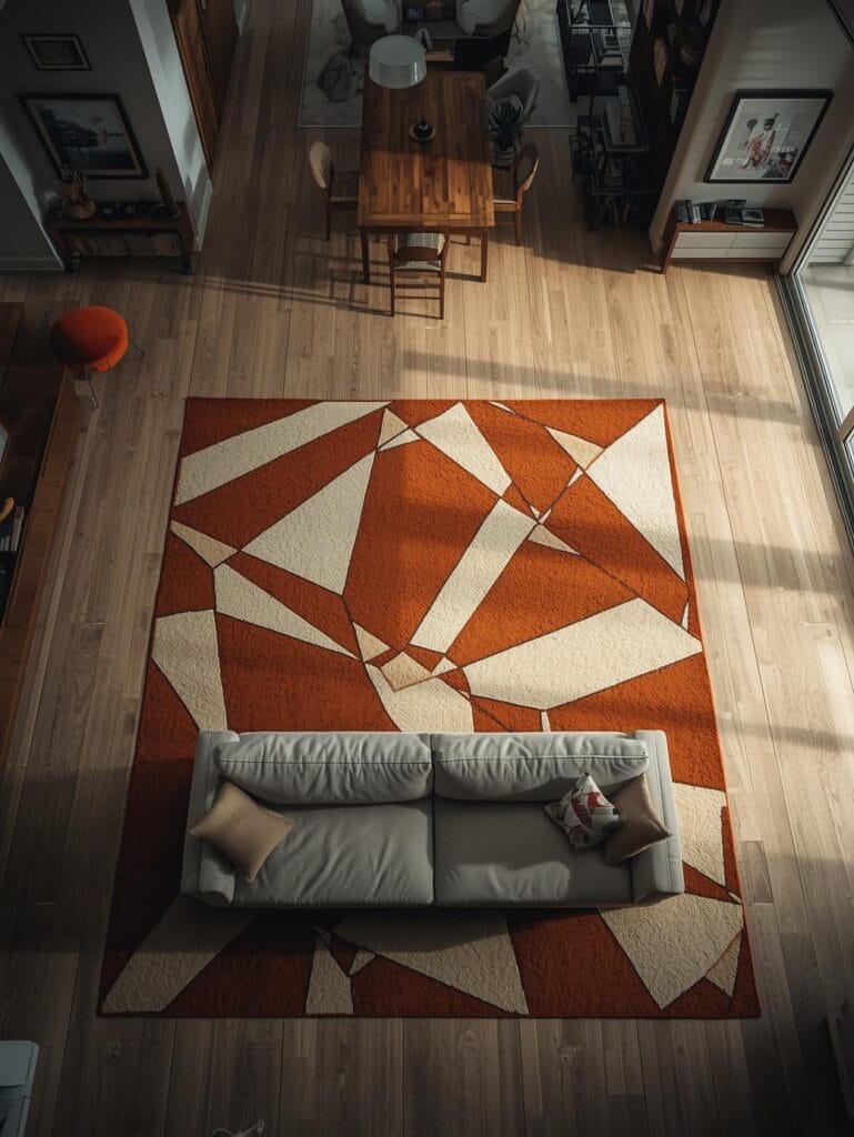 open-plan living and dining space with a large bold geometric area rug