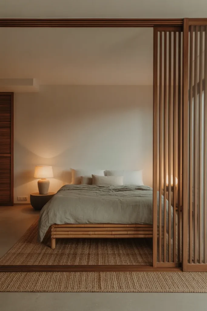 open-plan studio with sleeping zone defined by jute area rug