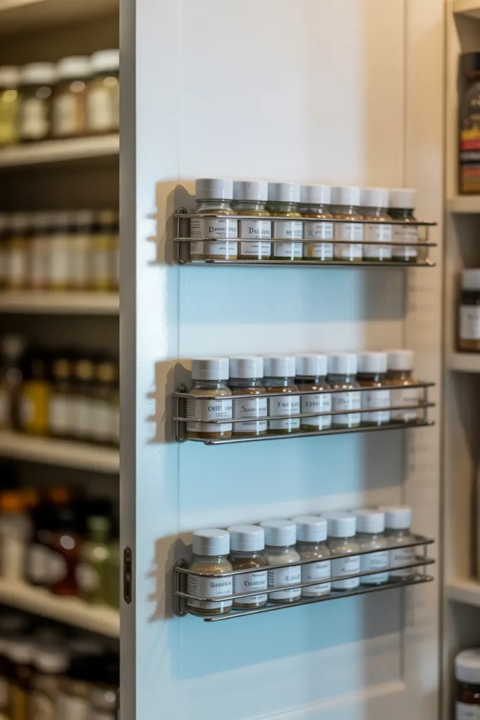 pantry cabinet door fitted with three slim chrome tiered spice racks