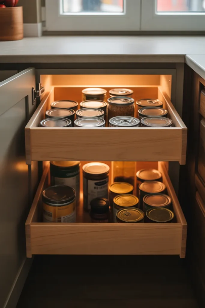 pantry cabinet with two full-extension pull-out wooden drawers open