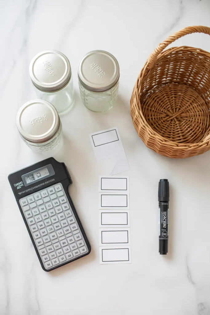 pantry organization supplies laid out on a white marble surface