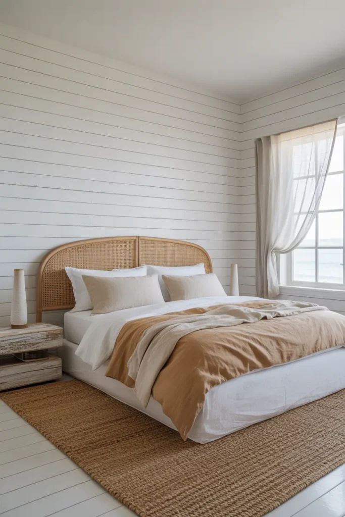refined coastal bedroom with white shiplap walls