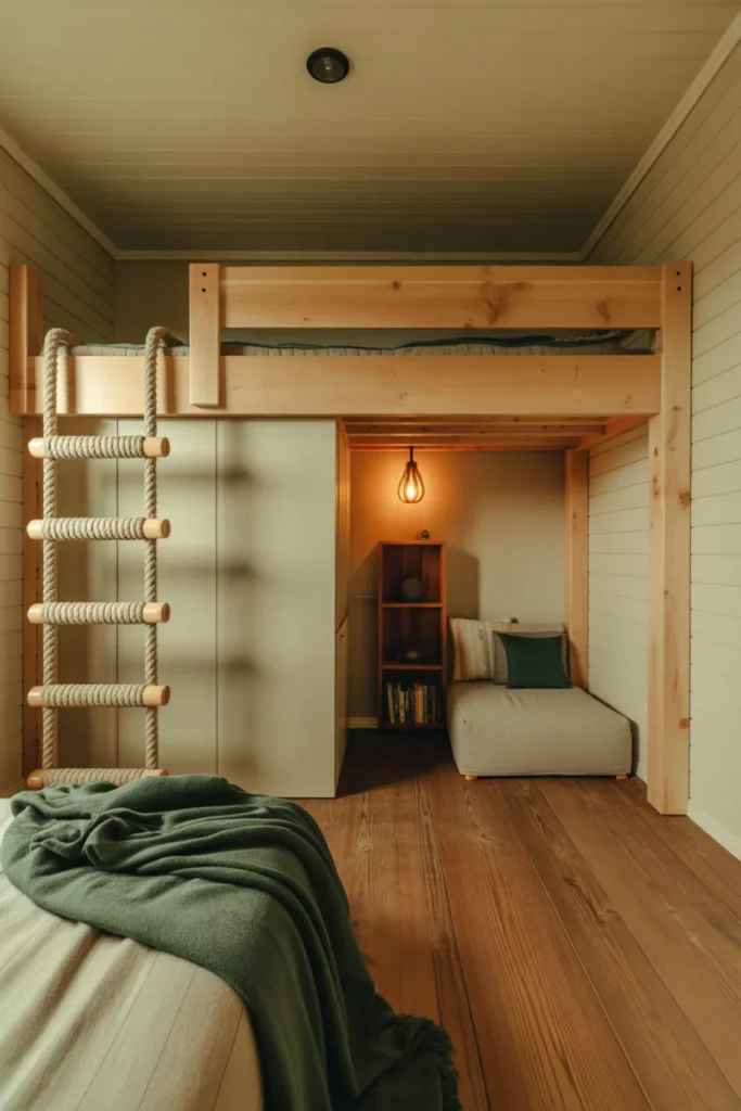rustic kids bedroom with a natural pine loft bed