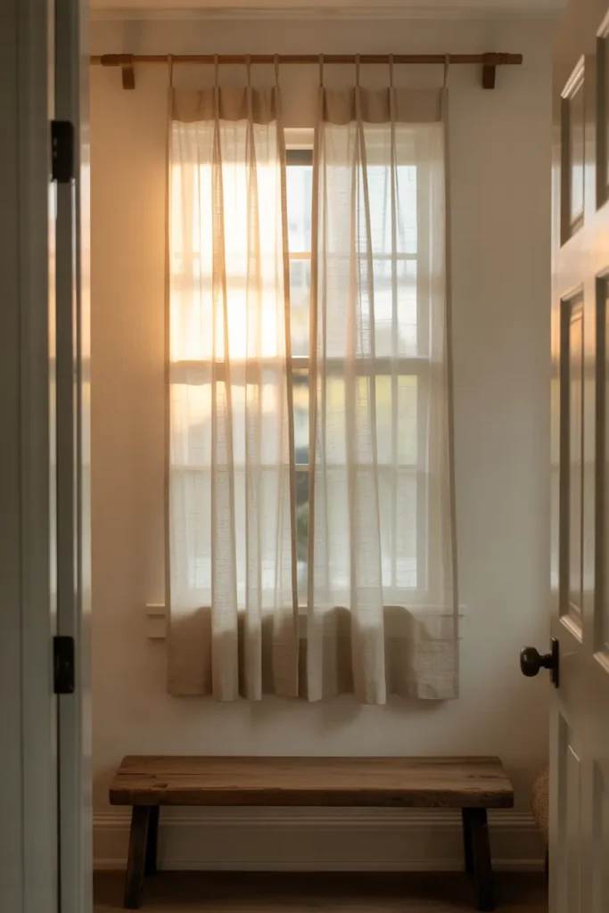 single sheer linen curtain panel on a slim wooden rod over a small side window