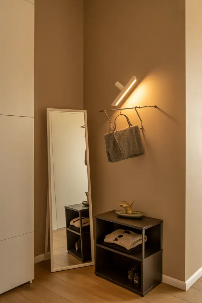 slim full-length mirror leaned against a warm greige wall at a slight angle,