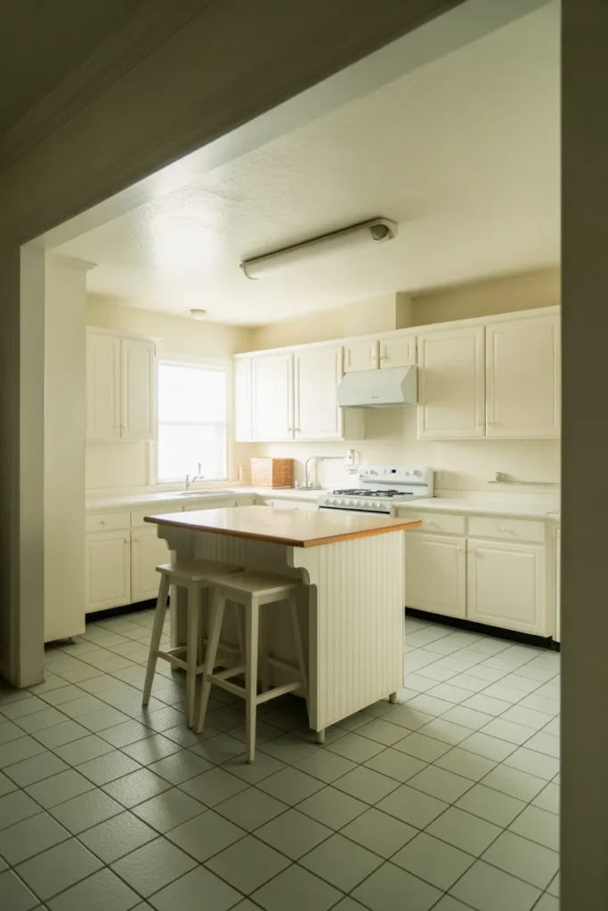 slim white painted kitchen island with a light butcher block top