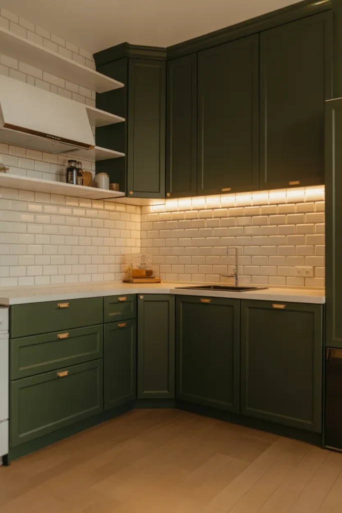 small L-shape kitchen with deep forest green lower shaker cabinets
