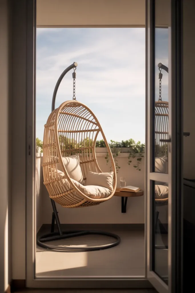 small balcony corner with a natural rattan hanging egg chair